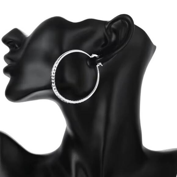 925 Sterling Silver Hoop Earrings 2.5in. Disco 90s Y2K Women's Valentine's Gift - Picture 7 of 8